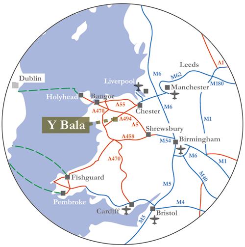 Map of Wales showing Bala and roads